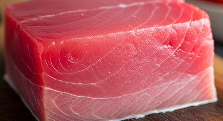 An extreme close-up, macro shot of a fresh, high-quality block of raw ahi tuna. The vibrant red and pink flesh shows the intricate muscle texture and lines, highlighting its freshness and making it ideal for sushi, sashimi, or poke.の素材