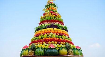 A large, cone-shaped tower made of assorted fresh fruits, known as a 'Gunungan', prepared for a traditional ceremony or festival against a clear blue sky. This vibrant offering, including watermelons, pineapples, bananas, and oranges, symbolizes gratitude and prosperity in Indonesian culture.の素材