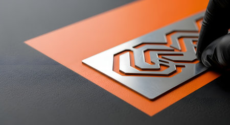 A close-up shot shows a hand wearing a black glove carefully placing a precision laser-cut metal piece with a futuristic, geometric design onto an orange and black surface. The brushed metal finish and sharp lines suggest high-tech manufacturing, engineering, or prototyping. This image conveys concepts of precision, technology, and innovation.の素材