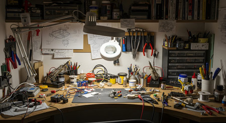 A wide shot of a cluttered yet functional electronics workshop or hobbyist's workbench. The desk is covered with tools like soldering irons and pliers, wires, electronic components, and diagrams under a magnifying lamp. The scene depicts a space for invention, repair, and creativity.の素材