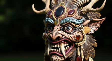 An exquisite close-up of a highly ornate and fearsome mythological mask against a dark background. The handcrafted piece features intricate carvings, sharp fangs, intense eyes, antlers, and is adorned with feathers and gemstones. This powerful image represents tribal art, mythology, demons, ancient culture, and exceptional craftsmanship.の素材