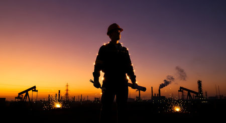 The silhouette of an oil and gas industry worker wearing a hard hat and holding tools stands against a dramatic sunset. In the background, an oil field with pumpjacks and a refinery is visible, symbolizing the energy sector, industrial labor, and fossil fuels.の素材