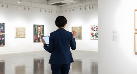 A woman in a professional suit is seen from behind, standing in a minimalist art gallery and holding a tablet. She is likely working as a curator or gallery owner, observing the abstract paintings on the white walls, representing the modern art world and curation.の素材