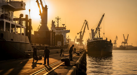 A bustling shipping port is silhouetted against a warm, golden sunset. Cranes are actively loading or unloading cargo from large container ships docked at the pier, while dockworkers are busy on the ground. The scene represents global trade, logistics, industry, and commerce.の素材