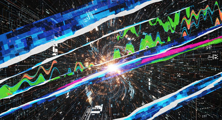 A dynamic and chaotic abstract digital art piece depicting a high-speed journey through a data tunnel or wormhole. The image is characterized by glitch effects, torn-paper-like layers revealing data streams and waveforms, and a bright central point, conveying themes of technology, information overload, and cyberspace.の素材