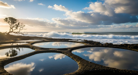 A dramatic coastal scene featuring unique circular rock pools in the foreground, perfectly reflecting the clouds and sky. In the background, powerful ocean waves crash against the shore near a silhouetted tree, creating a beautiful and serene landscape at the Figure 8 Pools.の素材