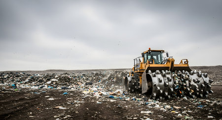 A large, yellow landfill compactor with spiked metal wheels drives over a massive pile of garbage at a landfill site. The heavy machinery is used to compact waste and manage the dump under an overcast sky. This image highlights issues of waste management, recycling, pollution, and environmental impact.の素材