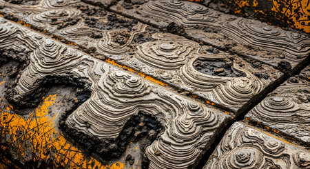 An extreme close-up shot of dried mud caked onto the heavy-duty tracks of an excavator or bulldozer. The mud has formed intricate, layered patterns resembling a topographic map, creating a unique abstract texture from industrial equipment.の素材