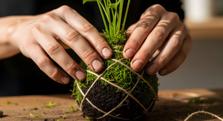 A close-up shot captures a person's hands carefully wrapping twine around a ball of soil and moss to create a Japanese Kokedama. The hands, covered in soil, show the tactile and organic nature of this gardening craft. The image represents hobbies, DIY projects, horticulture, and a connection with nature.の素材