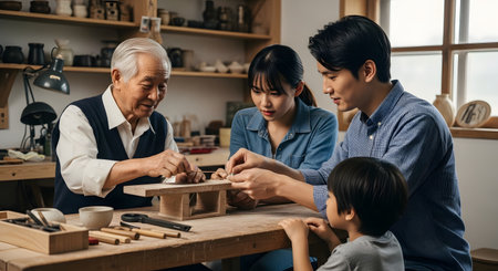 A warm, multi-generational Asian familyâgrandfather, parents, and sonâare gathered around a wooden table in a workshop, happily working on a craft project together. The scene embodies family bonding, passing down skills, and quality time.の素材