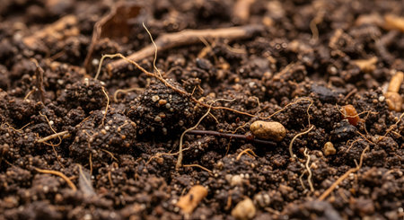 A macro, close-up photograph of rich, dark, and fertile topsoil, showing its crumbly texture, organic matter, and tiny roots. The image represents agriculture, gardening, growth, and the foundation of life on Earth.の素材