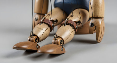 A detailed close-up shot focuses on the articulated wooden legs and feet of a traditional marionette puppet. The intricate joints, strings, and weathered wood highlight the fine craftsmanship involved in creating these classic toys and the concept of control.の素材