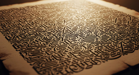 A close-up, detailed view of complex and beautiful Arabic calligraphy on a sheet of aged parchment. The intricate, interwoven script creates a dense, artistic pattern, representing Islamic art, culture, and spiritual heritage.の素材