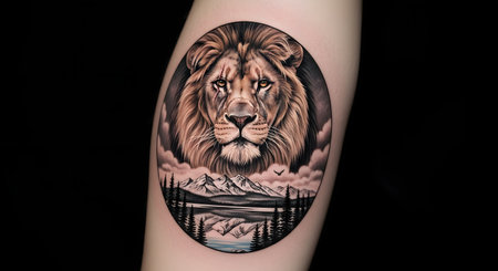 A detailed, realistic tattoo on a person's arm, framed within a circle. The upper part of the tattoo features a majestic lion's face with a scar, surrounded by clouds. The lower part depicts a serene mountain landscape with a forest and its reflection in a calm lake.の素材