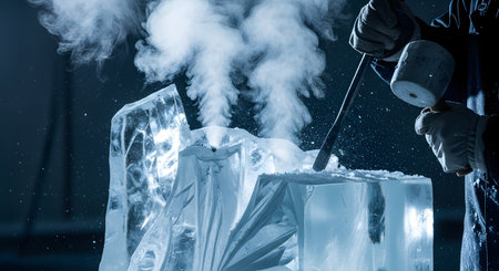 An ice sculptor, wearing gloves, uses a chisel and mallet to carve a large, clear block of ice, sending shards and vapor into the air. The dramatic, cold-blue lighting highlights the dynamic action and the steam rising from the frozen creation.の素材