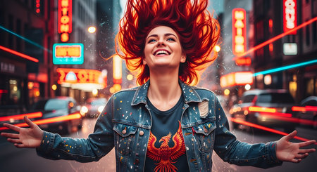 An ecstatic young woman with vibrant red hair tossed in the air looks up with a joyful expression, her arms wide open on a bustling city street at night. The background is a blur of neon lights and motion, conveying a sense of freedom, energy, and excitement in urban nightlife.の素材