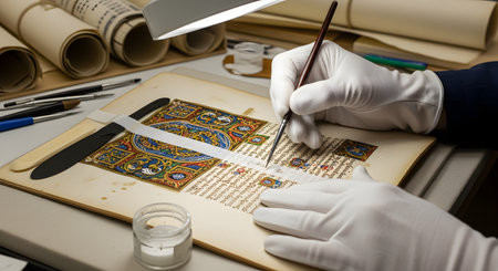 A conservator wearing white gloves carefully restores an ancient illuminated manuscript under a bright lamp. The expert uses a fine brush on the delicate, ornate page, showing the meticulous process of historical preservation and art restoration.の素材