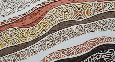 A close-up, macro view of a textured, abstract painting with intricate patterns and earthy tones. The raised, winding lines and dot-work are reminiscent of Australian Aboriginal art, creating a unique and culturally rich background that represents tradition, art, and storytelling.の素材