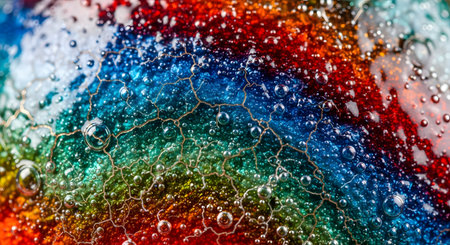 A vibrant and abstract macro photograph of a rainbow-colored surface with a cracked texture, covered in clear water droplets and bubbles. The intricate details and vivid colors create a mesmerizing and dynamic background, suggesting concepts of science, art, or liquid dynamics.の素材