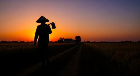 A powerful silhouette of a farmer wearing a traditional Asian conical hat and carrying a hoe over his shoulder. The farmer is walking along a dirt path through a vast field during a stunning sunset. The image evokes a sense of hard work, agriculture, and the end of a long day.の素材