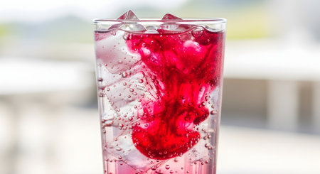 A close-up shot of a refreshing cold beverage in a clear glass filled with ice cubes and soda water. A vibrant red syrup is being mixed into the drink, creating beautiful swirls and showcasing a cool, thirst-quenching moment.の素材