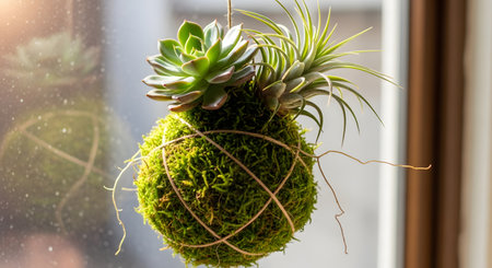A beautiful Japanese kokedama, a decorative ball of soil covered with moss, from which a succulent and an air plant are growing. The moss ball is wrapped with twine and hangs gracefully in front of a window, creating a serene and minimalist indoor garden display. This image represents tranquility, nature, and modern home decor.の素材