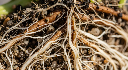 A detailed macro shot reveals a complex network of plant roots growing through dark, nutrient-rich soil. The image showcases the intricate structure of the root system, from thicker primary roots to fine, white root hairs. This represents growth, foundation, nature, agriculture, and the unseen life beneath the surface.の素材