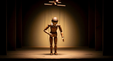 A wooden marionette puppet stands under a spotlight on a small stage, controlled by strings from a puppeteer's hands above. The dramatic lighting and the puppet's slightly bowed posture evoke themes of control, manipulation, and performance. The image can represent concepts like a lack of free will or being directed by external forces.の素材