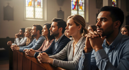 A diverse group of men and women are sitting together in a church pew, listening intently during a service. Their hands are clasped in prayer, and they have serious, contemplative expressions, with soft light coming through stained glass windows in the background.の素材