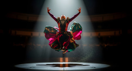 A graceful dancer is captured in a dramatic mid-air leap on a stage, illuminated by a single spotlight. They wear a vibrant, flowing costume in shades of red, pink, and green, with their arms raised in an expressive pose. The dark background of the theater enhances the focus on the performer's energy and artistry.の素材