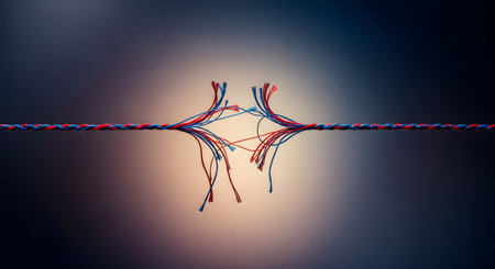 A conceptual image of a rope composed of intertwined red and blue threads, fraying and about to snap in the center. The image symbolizes tension, conflict, stress, relationship breakdown, and reaching a breaking point.の素材