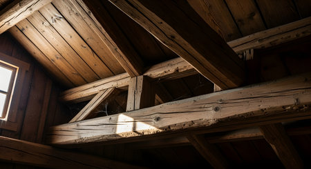 Detailed view of aged wooden roof beams and trusses inside a rustic attic or barn. Sunlight streams through a small window, illuminating dust and cobwebs, highlighting the textured, weathered wood. The image evokes a sense of history, nostalgia, and traditional construction.の素材