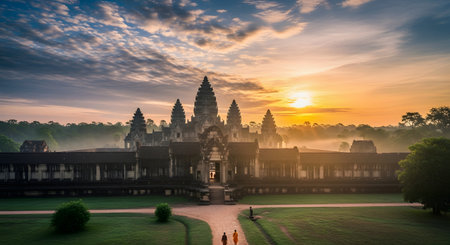 A breathtaking view of the Angkor Wat temple in Siem Reap, Cambodia, during a vibrant sunrise. The ancient temple is silhouetted against a colorful sky with mist rising from the surrounding jungle, as two monks in orange robes walk along the path towards the main entrance.の素材