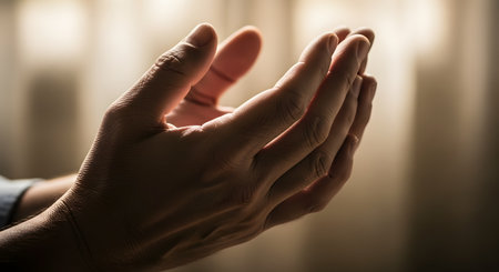 A close-up, softly lit image of a person's hands cupped together in a gesture of prayer or supplication. The image conveys a deep sense of faith, hope, spirituality, and worship against a gentle, out-of-focus background.の素材
