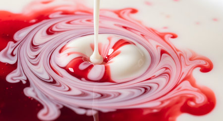 A macro shot of red and white liquids mixing together. A stream of white liquid pours into a pool of red and white, creating beautiful, intricate swirls and patterns, resembling cream mixing with strawberry syrup.の素材