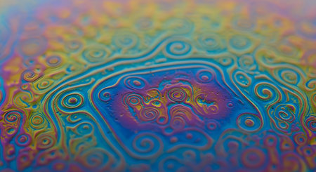 An extreme macro photograph of the surface of a soap bubble, revealing a psychedelic landscape of swirling iridescent colors. The thin film of soap creates intricate patterns and vibrant gradients of blue, purple, yellow, and green, resembling an abstract piece of art.の素材