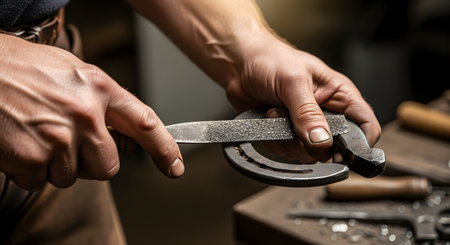 A close-up view of a farrier's strong, calloused hands using a metal file to carefully smooth and shape a horseshoe. The detailed shot highlights the texture of the file and the metal, emphasizing the precision and manual skill involved in the craft. The scene represents craftsmanship, manual labor, and attention to detail.の素材