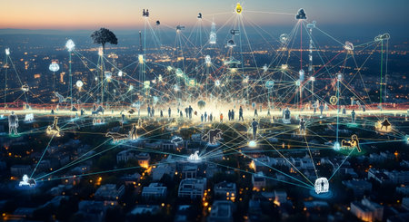 An aerial view of a sprawling cityscape at dusk with a glowing, interconnected network overlaid, representing a smart city and the Internet of Things (IoT). Luminous lines and icons connect people, places, and objects, visualizing the flow of data and global connectivity. This image symbolizes technology, big data, globalization, and the future of urban living.の素材