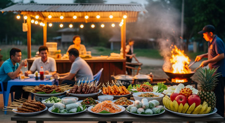A bustling evening scene at a Southeast Asian street food market, with a large table in the foreground laden with a variety of delicious dishes like satay and spring rolls. In the background, a vendor cooks over an open flame while customers dine under warm string lights, creating a lively and inviting atmosphere.の素材