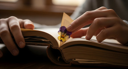 A close-up of a person's hands carefully placing a delicate pressed pansy flower between the pages of a vintage, hardcover book. This gentle action evokes feelings of nostalgia, memory, hobbies, and the quiet beauty of preserving nature.の素材
