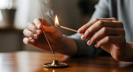 A close-up of a person's hands using a lit match to light the tip of an incense stick. The stick is placed in a small, ornate brass holder on a wooden table, with a delicate wisp of smoke rising, creating a calm and spiritual atmosphere.の素材