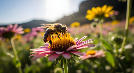 A stunning close-up of a honeybee gathering nectar from a vibrant pink and yellow gaillardia flower in a sun-drenched meadow. The bee's leg is covered in yellow pollen, and the background is filled with other wildflowers and soft sunlight. This image captures the essence of spring, pollination, and the beauty of nature.の素材