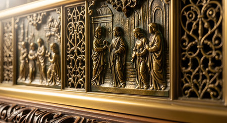 A detailed close-up of an antique bronze relief panel depicting biblical scenes. The intricate metalwork shows figures in classical robes, framed by ornate decorative patterns, suggesting a piece from a church altar or religious furniture.の素材