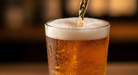 A refreshing glass of light beer is being poured, creating a perfect frothy white head. Condensation trickles down the side of the cold pint glass, which is set against the warm, soft-focus background of a pub or bar. The image evokes a sense of refreshment and enjoyment.の素材