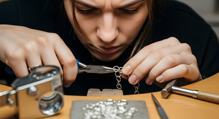 A close-up shot shows a female jeweler intensely focused on her craft, using pliers to assemble a silver chain. Her hands work with precision on the small metal links at her workbench, which is equipped with various jewelry-making tools. The image highlights the skill, concentration, and detailed work of an artisan.の素材