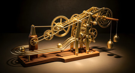 A beautifully crafted kinetic sculpture made of brass gears, levers, and tracks, all mounted on a wooden base. The complex mechanism, reminiscent of a steampunk clock or rolling ball sculpture, is spotlit against a dark background, highlighting its intricate engineering and artistic design. The image represents concepts of time, mechanics, precision, and invention.の素材