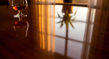 A glass of brandy or cognac sits on a highly polished wooden table, reflecting the warm light from a window at sunset. The reflection of the glass and a nearby plant are clearly visible on the glossy surface, creating an elegant and relaxing atmosphere.の素材