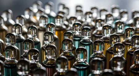 A close-up, macro photograph of numerous glass dropper bottles arranged in neat rows. The selective focus creates a mesmerizing pattern of reflections on the silver caps, with hints of different colored liquids inside the bottles, suggesting cosmetics, essential oils, or scientific serums.の素材