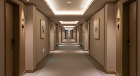 A long and empty hotel corridor with a symmetrical design. The hallway features neutral-colored walls, carpeted floors, wooden doors with room numbers, and modern recessed lighting, creating a clean and tranquil perspective.の素材