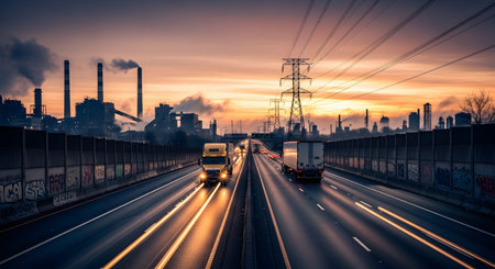 A multi-lane highway with light trails from vehicle headlights leads towards an industrial city skyline at sunset. Factories with smoking chimneys and large power lines dominate the background under a warm, dramatic sky. This image depicts concepts of industry, transportation, energy, pollution, and urban infrastructure.の素材